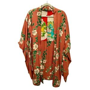 Vintage Japanese Silk Floral Kimono Robe – Rust with Green & Ivory Accents